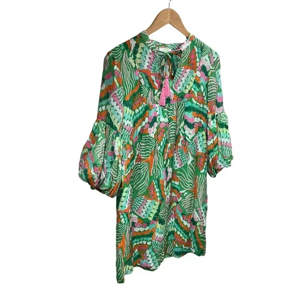 Jade Melody Tam Green Multi Abstract Balloon Sleeve Tunic Mini Dress Medium - Picture 3 of 12